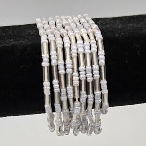 Nine Strands of Light Blue and Clear Beads Beaaded Stretchy Bracelets Stackable